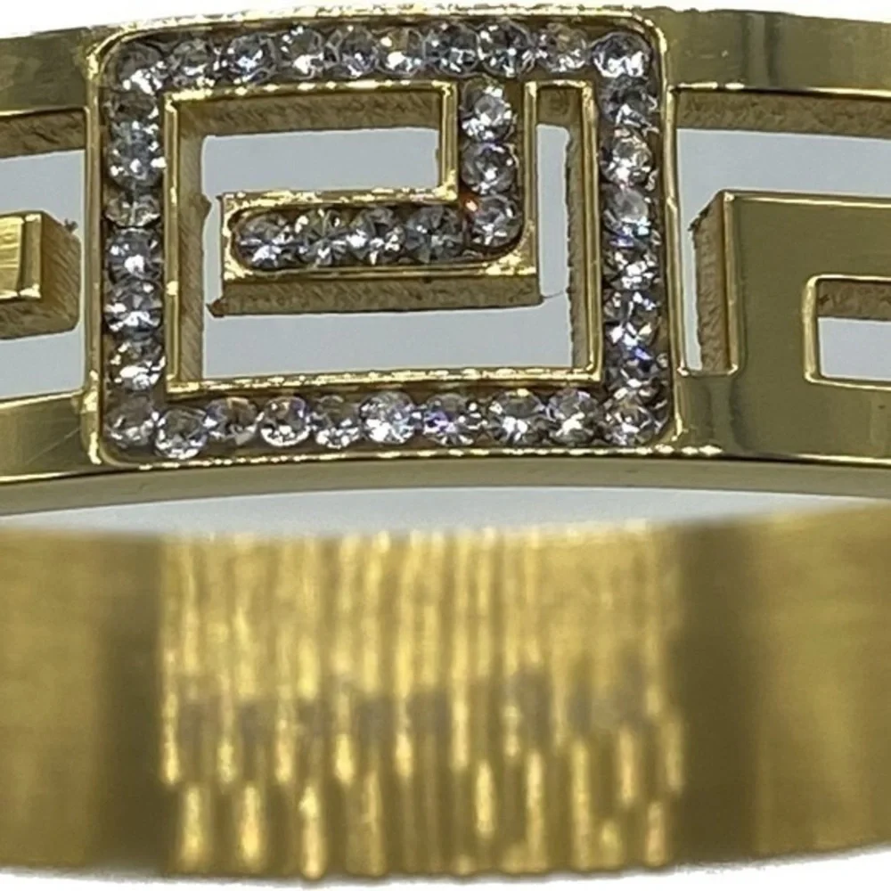 Ross+Simons Swarovski Greek Key Gold Stainless Steel Bangle NWB